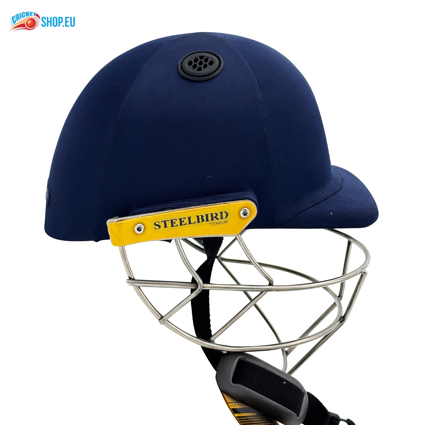 Blue cricket helmet with yellow Steelbird branding on a white background
